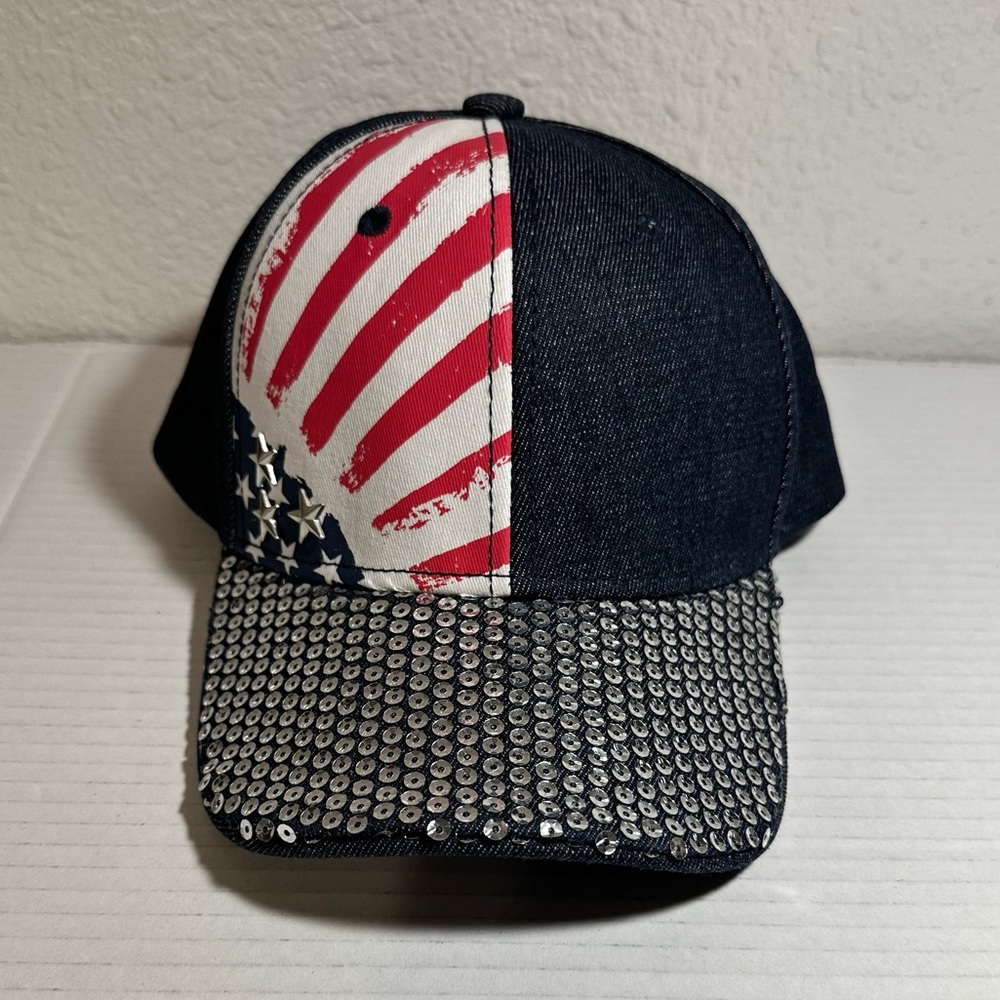 American Flag Hat Cap Women’s Adjustable Denim Red White Stars Snap‎ Back Sequin